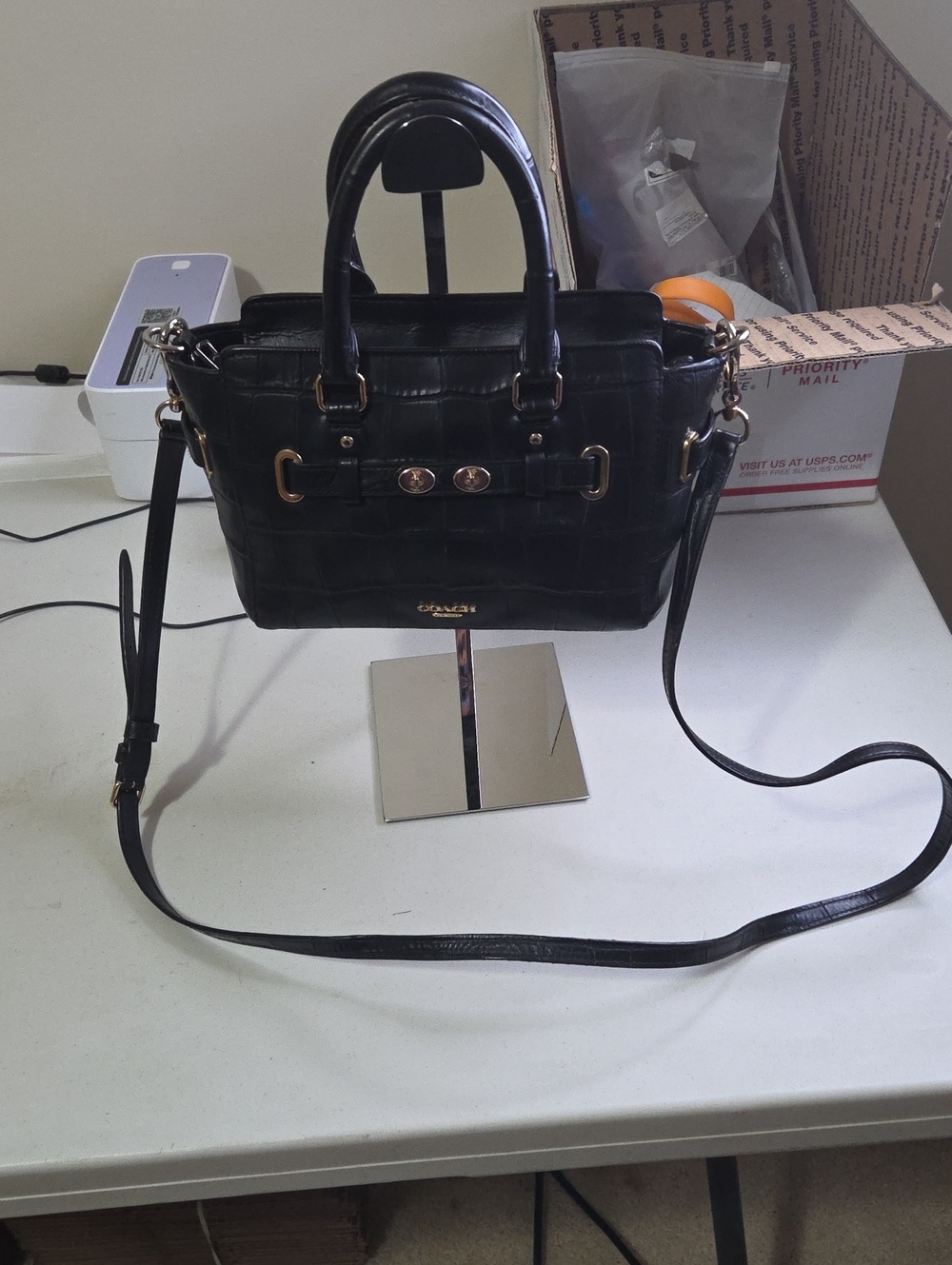 Coach Swagger 21  Black Croc-Embossed Leather Satchel with Gold Hardware